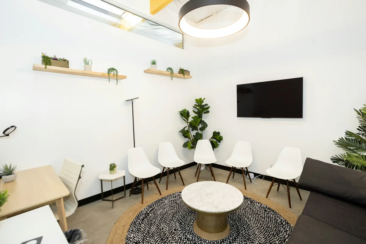 Modern waiting room with chairs and plants, representing mental-health care access